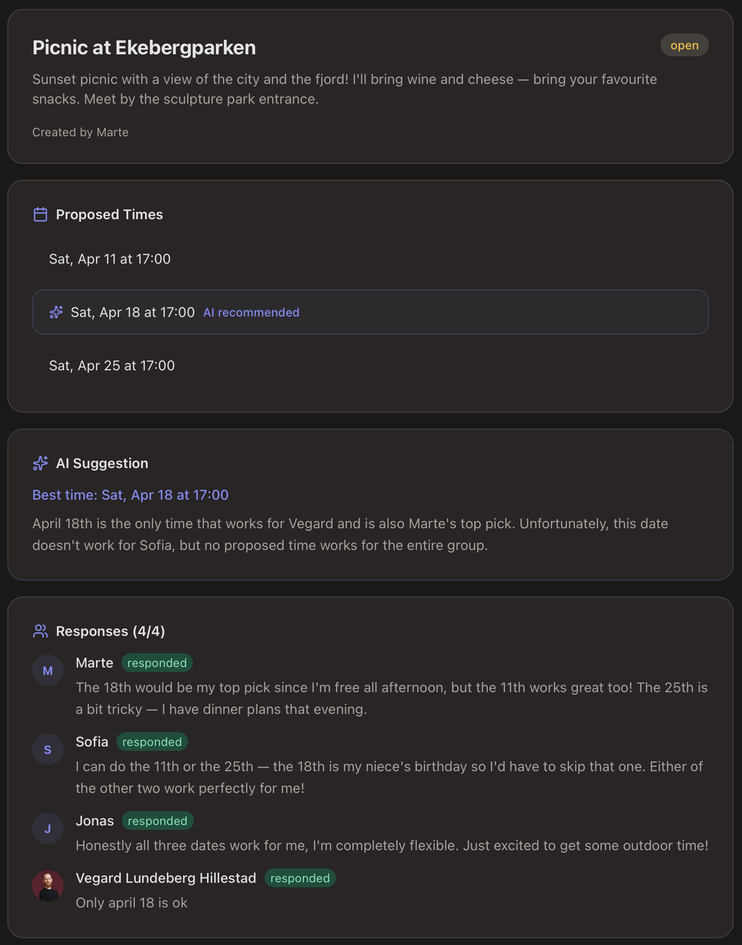 AI-anbefalingen i Cue: foreslåtte tider, AI-analyse, og naturlige svar fra deltakerne